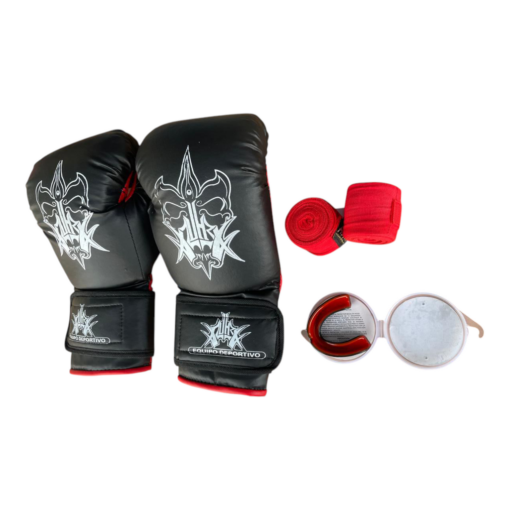 Kit guantes estándar, vendas semi-elasticas y bucal termoformable para boxeo, artes marciales, kickboxing y más.