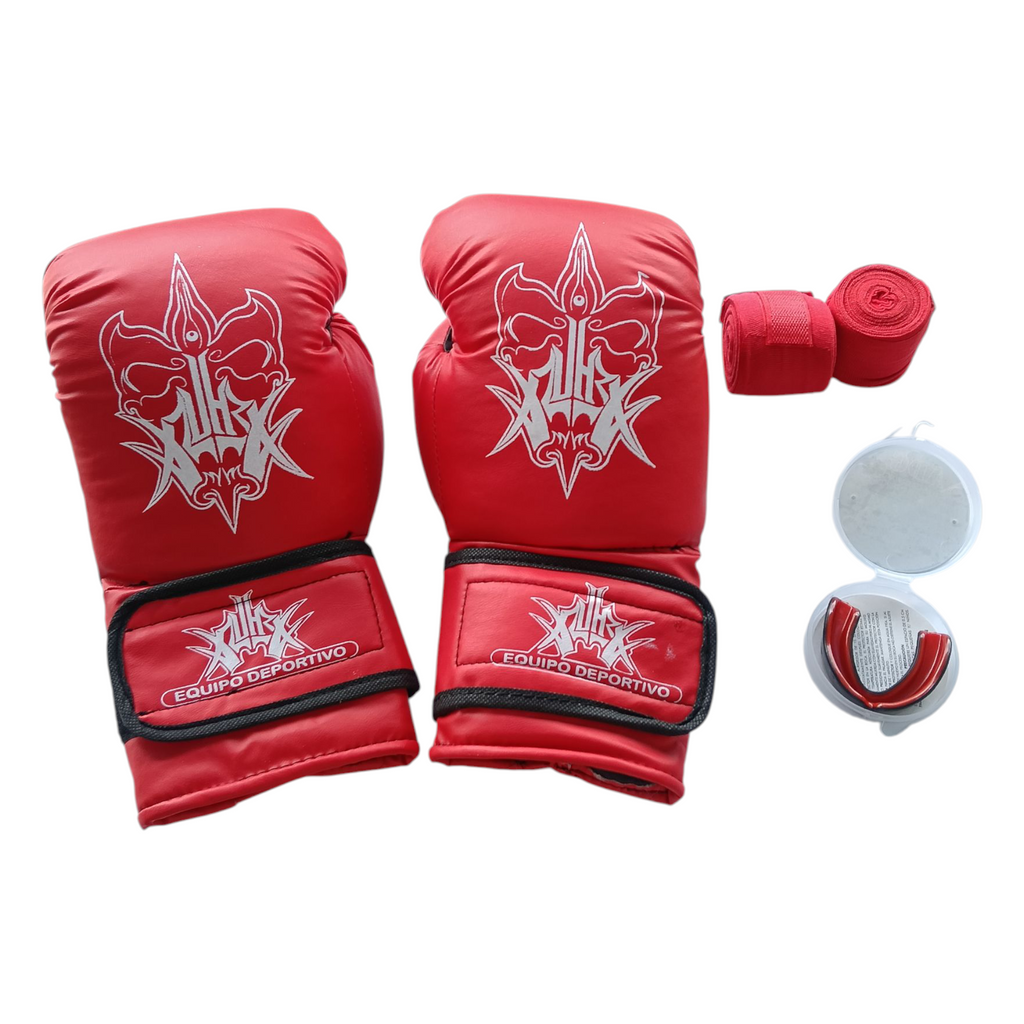 Kit guantes estándar, vendas semi-elasticas y bucal termoformable para boxeo, artes marciales, kickboxing y más.