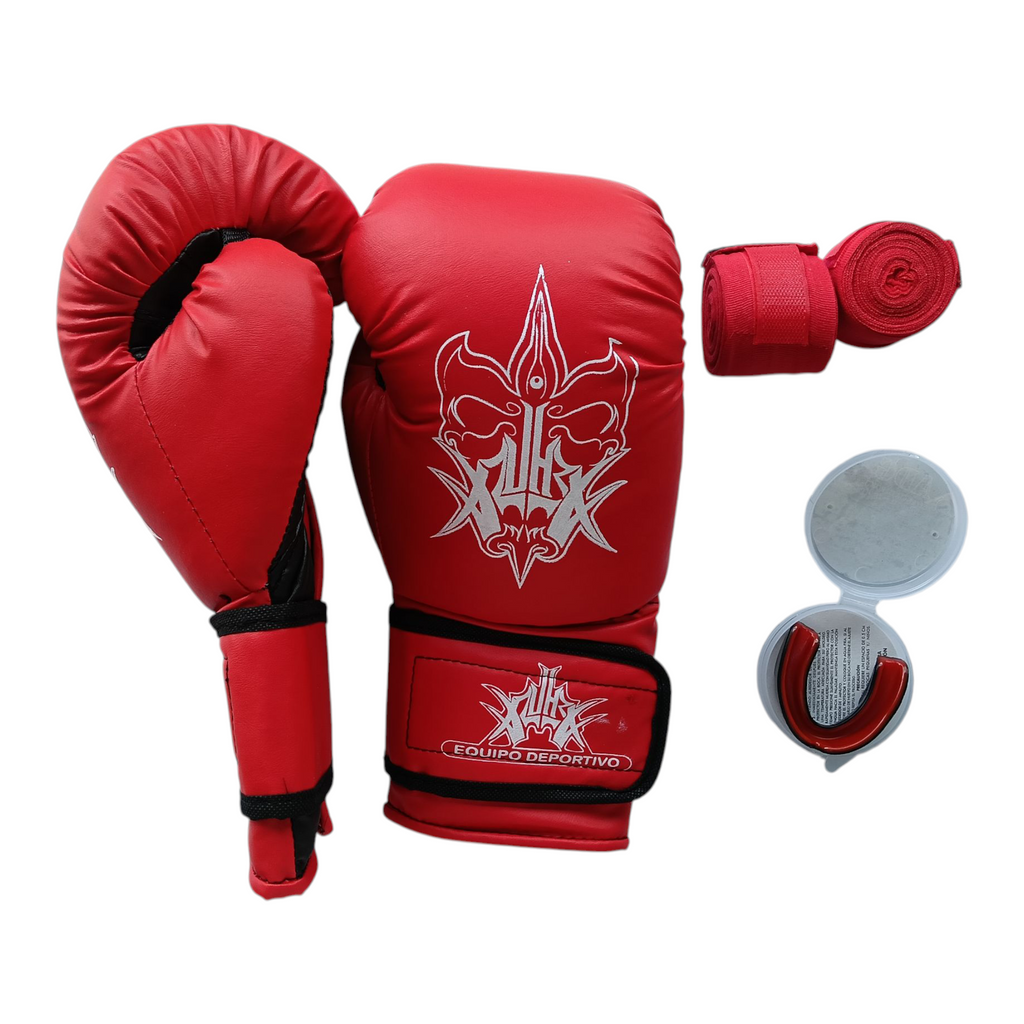 Kit guantes estándar, vendas semi-elasticas y bucal termoformable para boxeo, artes marciales, kickboxing y más.