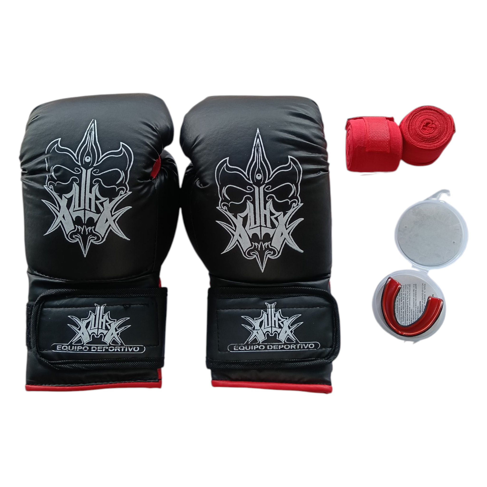 Kit guantes estándar, vendas semi-elasticas y bucal termoformable para boxeo, artes marciales, kickboxing y más.