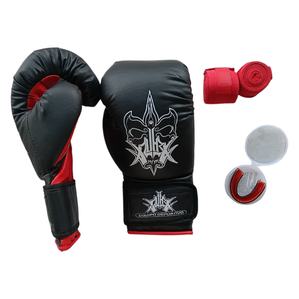 Kit guantes estándar, vendas semi-elasticas y bucal termoformable para boxeo, artes marciales, kickboxing y más.
