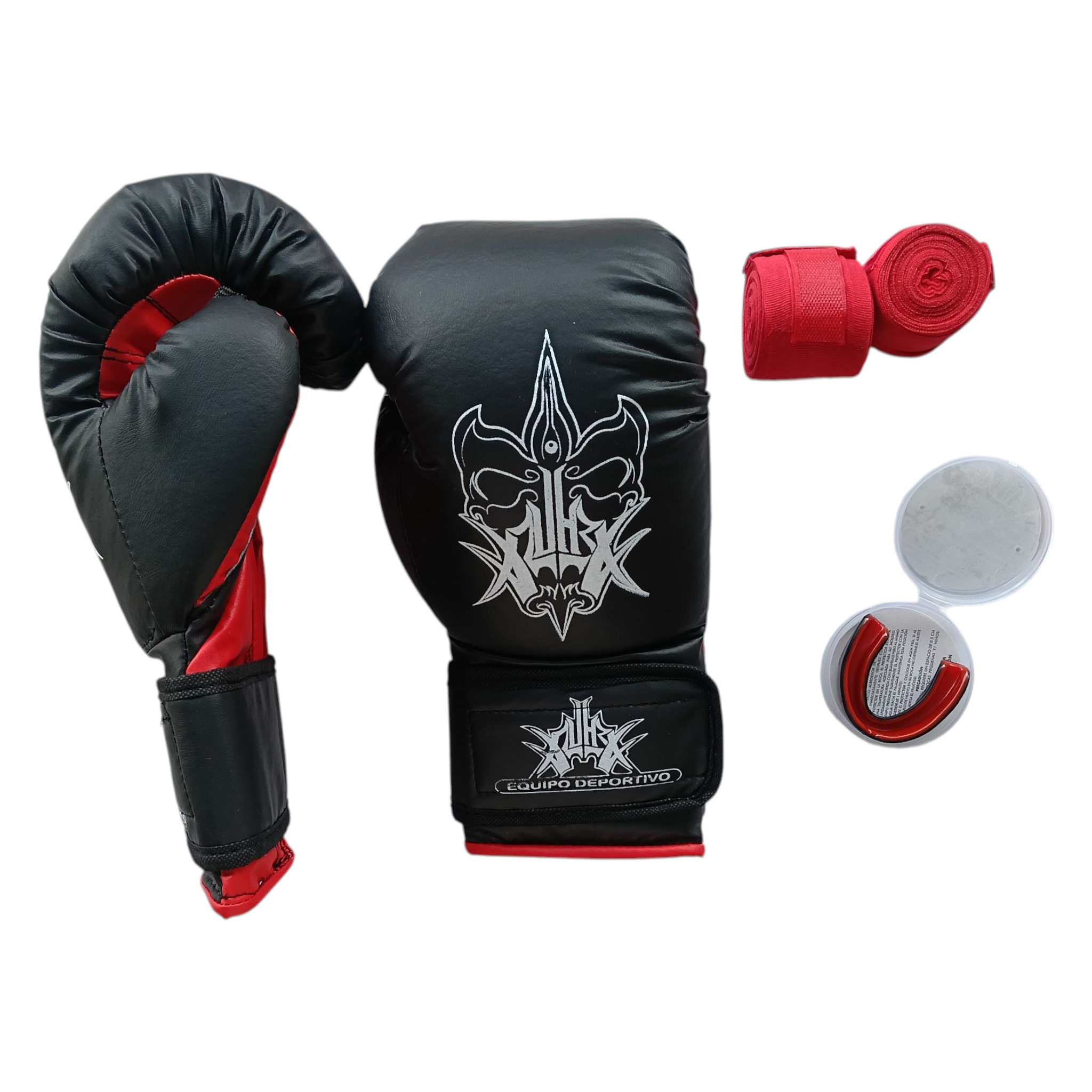 Kit guantes estándar, vendas semi-elasticas y bucal termoformable para boxeo, artes marciales, kickboxing y más.