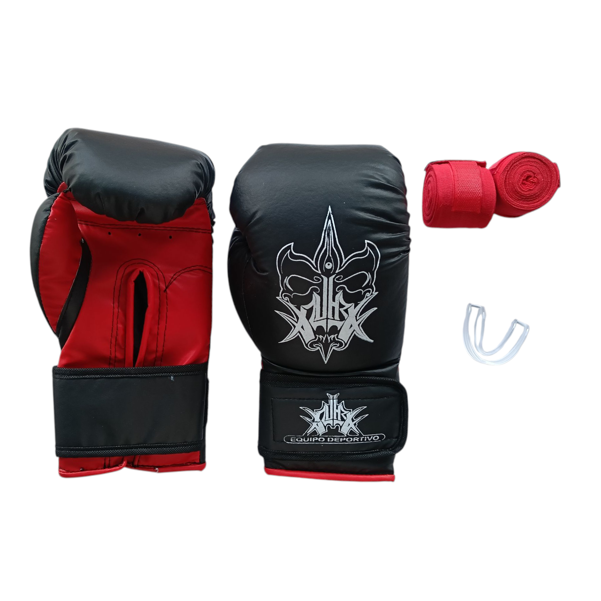 Kit guantes estándar, vendas semi-elasticas y bucal termoformable para boxeo, artes marciales, kickboxing y más.