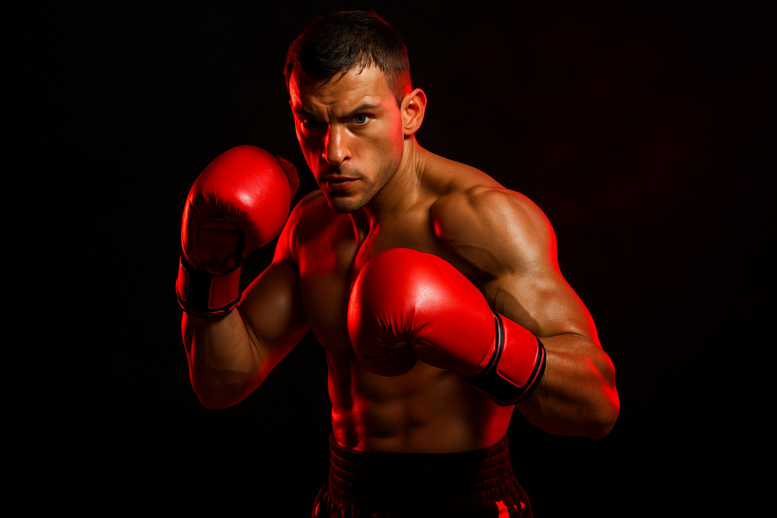 Una persona preparada para combatir con unos guantes de boxeo en fondo negro con detalles rojos